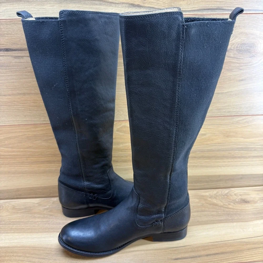 Frye Molly Tall Stretch Boots Womens 7 B Black Leather Equestrian Riding Sleek